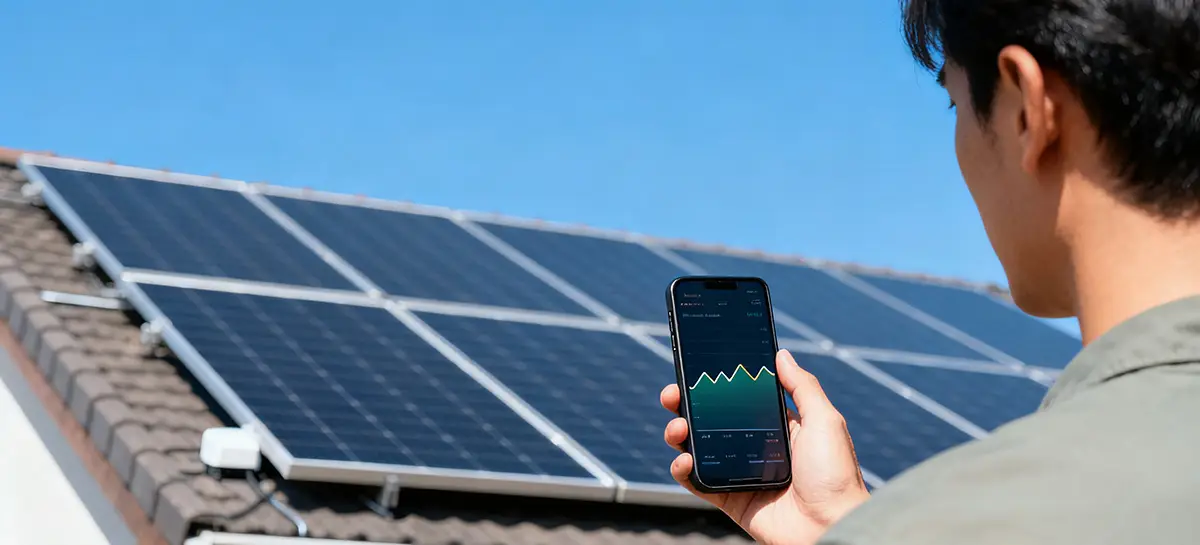 Monitoring-Dashboard einer Solaranlage auf einem Tablet mit Ertragskurve
